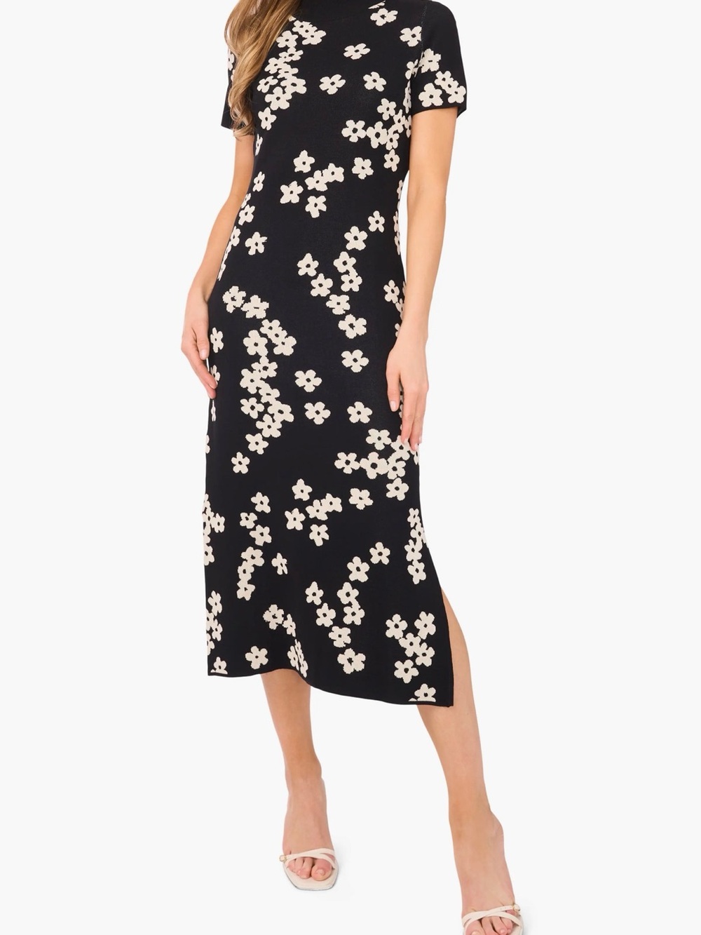 CeCe Black Midi Skirt with Cream Floral Print